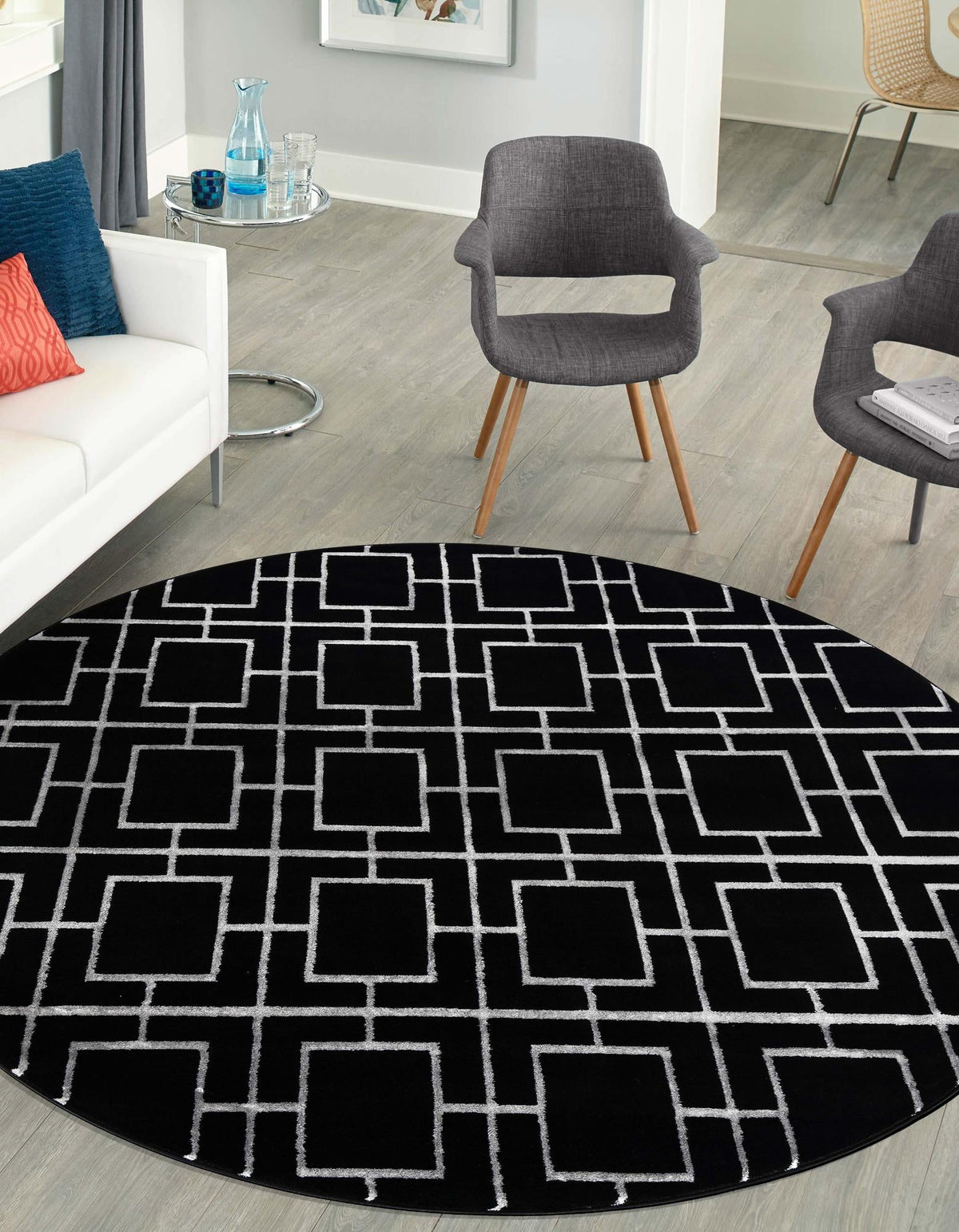 Hollywood Luxe Collection Area Rug -  Beverly Round Black and Silver  lifestyle 66