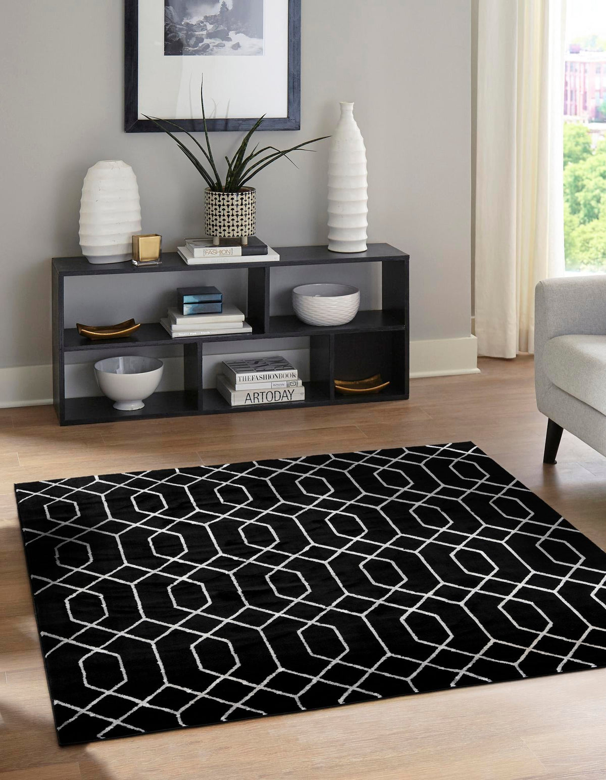 Hollywood Luxe Collection Area Rug - Sunset Square Black and Silver  lifestyle 151