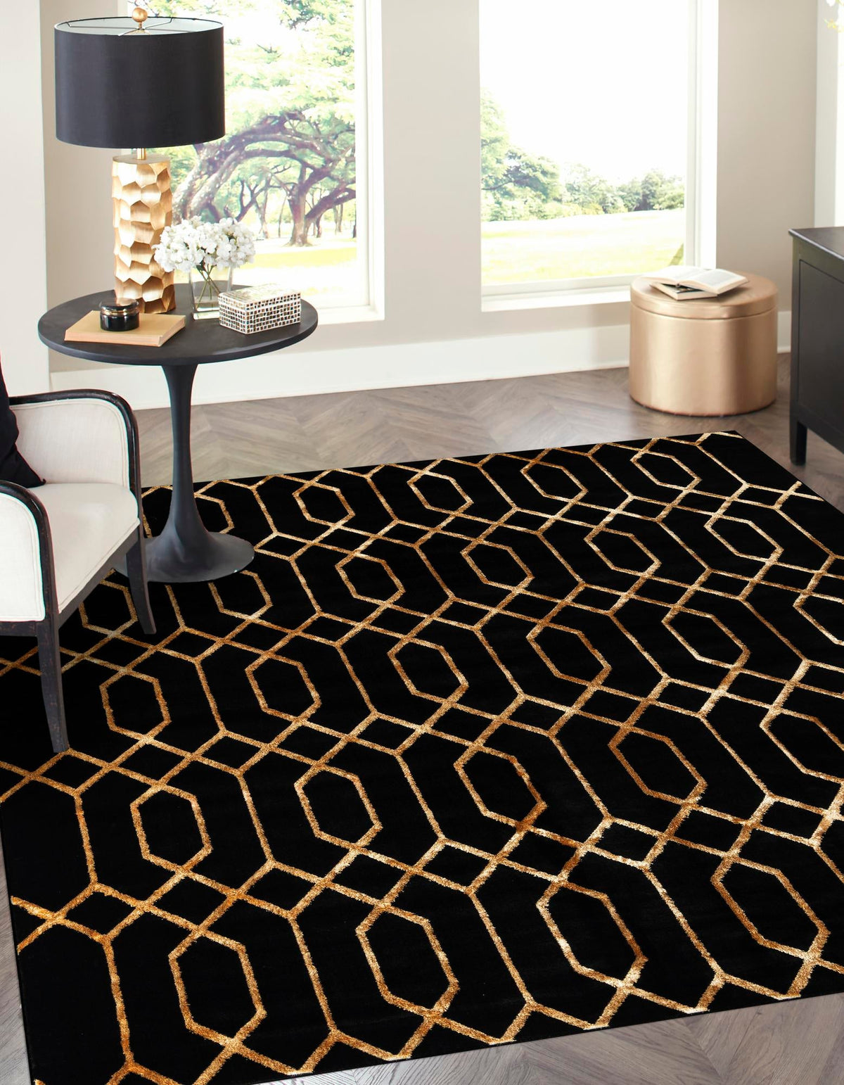 Hollywood Luxe Collection Area Rug - Sunset Square Black and Gold  lifestyle 153