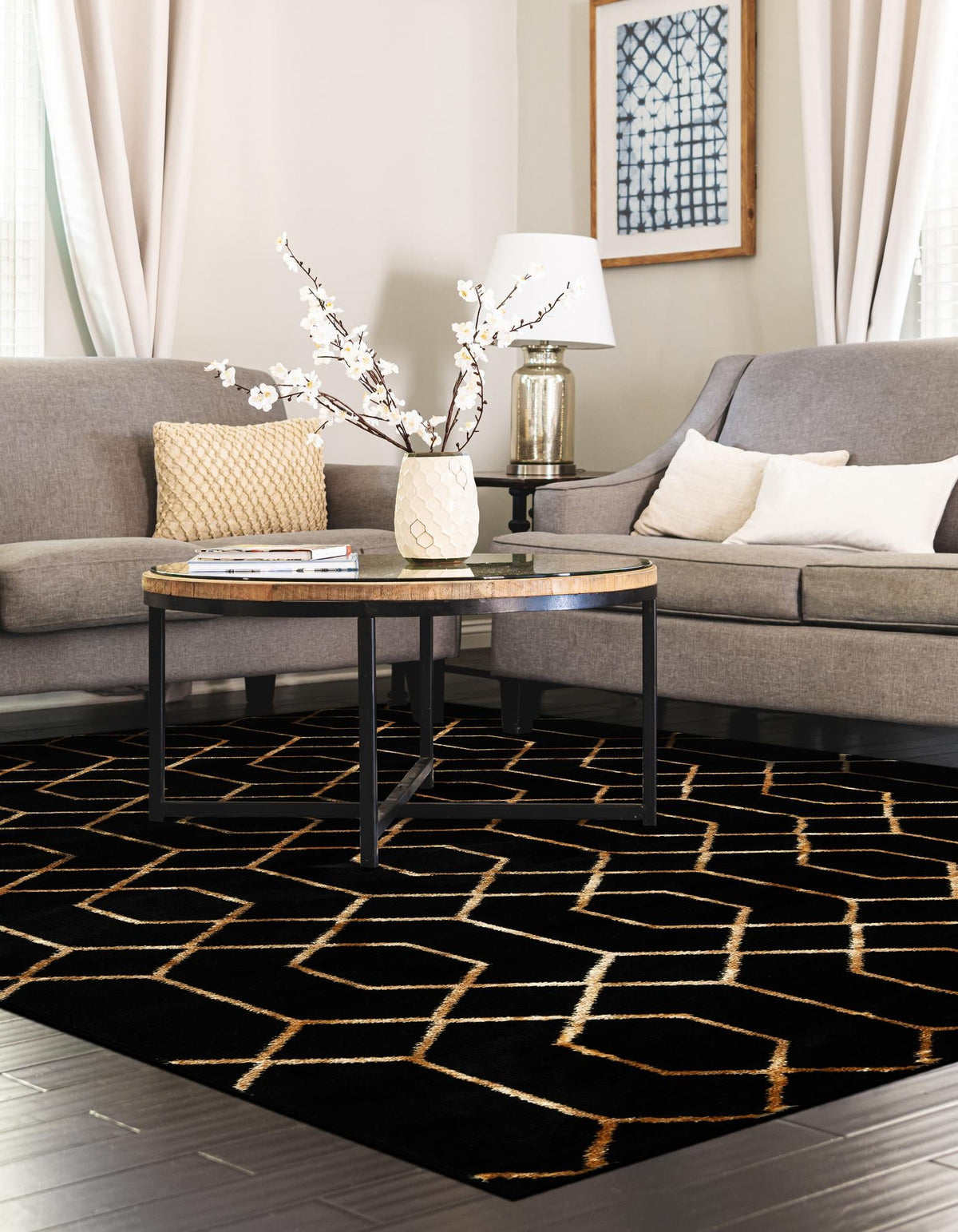 Hollywood Luxe Collection Area Rug - Sunset Rectangle Black and Gold  lifestyle 30
