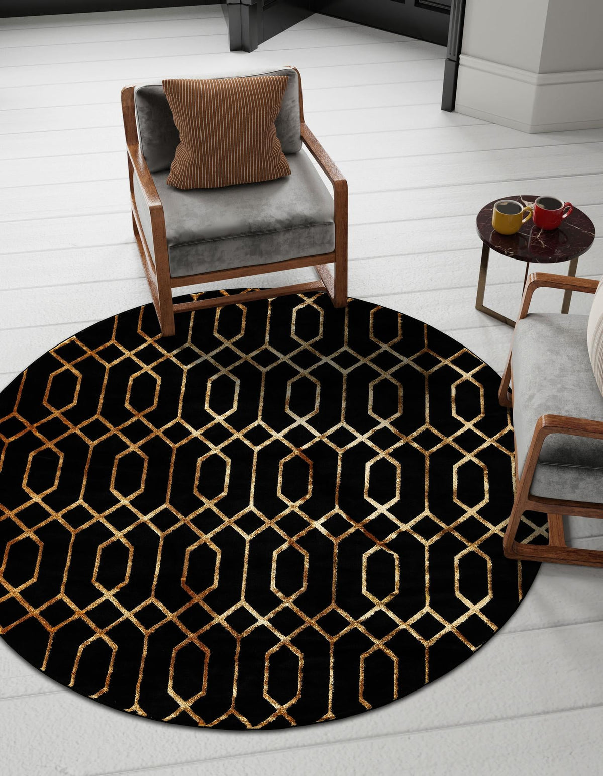 Hollywood Luxe Collection Area Rug - Sunset Round Black and Gold  lifestyle 161