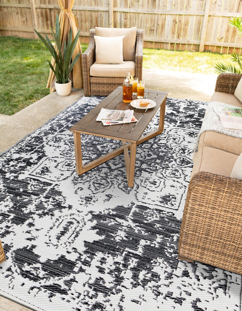 Serene Bay Outdoor Collection Area Rug -  Strand Rectangle Black and White  lifestyle 11