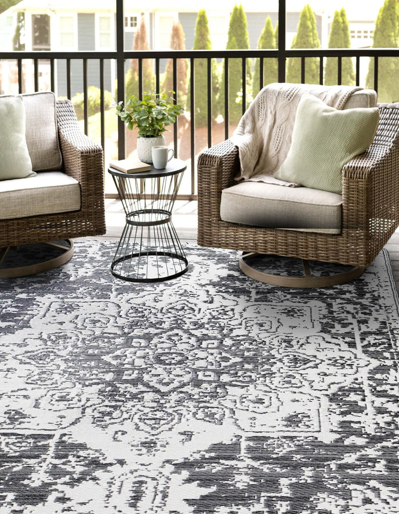 Serene Bay Outdoor Collection Area Rug -  Strand Rectangle Black and White  lifestyle 16