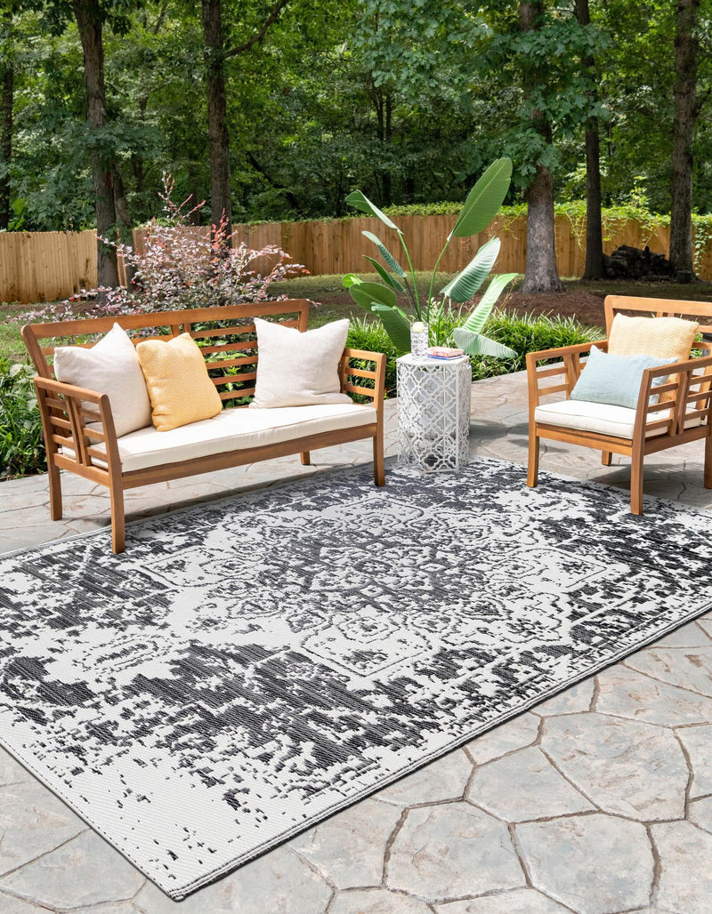 Serene Bay Outdoor Collection Area Rug -  Strand Rectangle Black and White  lifestyle 21