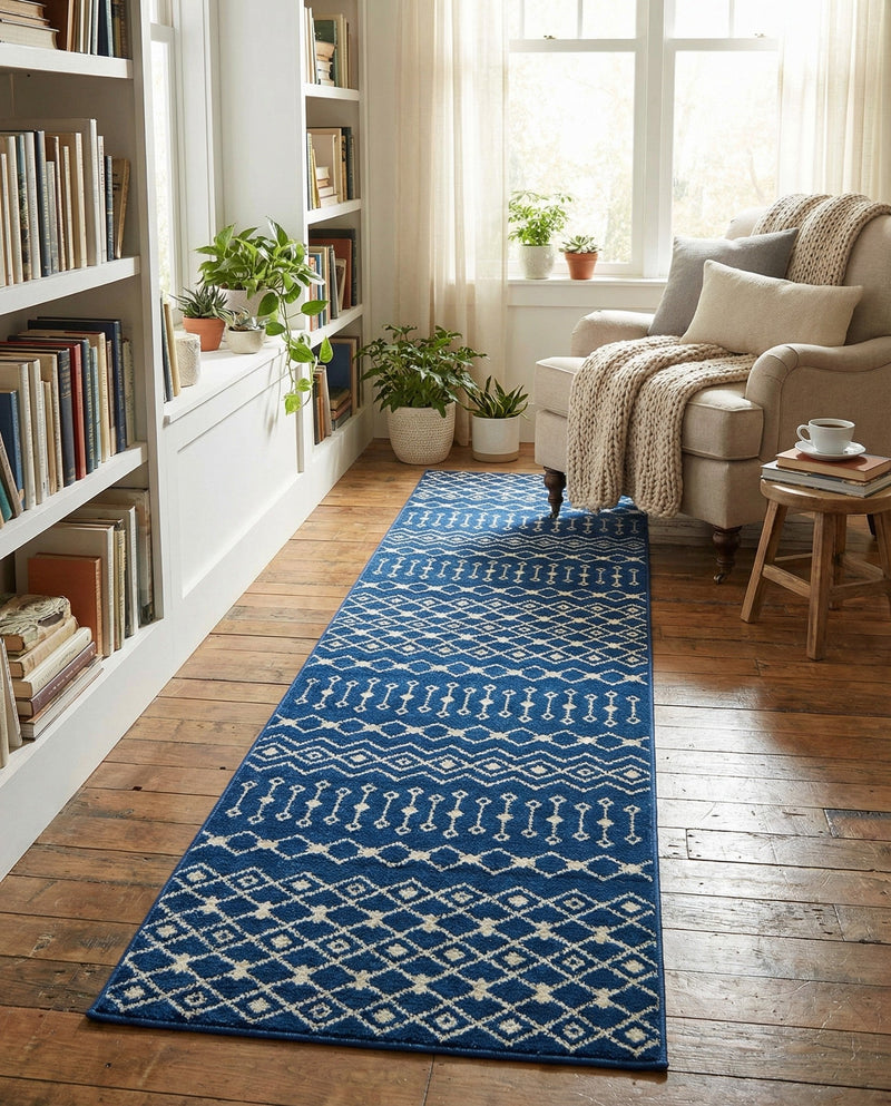 Mediterranean Lattice Collection Area Rug - Santorini (Navy Blue) Runner Navy Blue  lifestyle 36