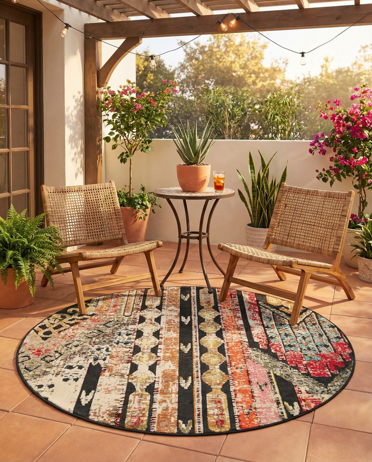 Outdoor Marrakesh Collection Area Rug -  Agadir Round Multi Black  lifestyle 127