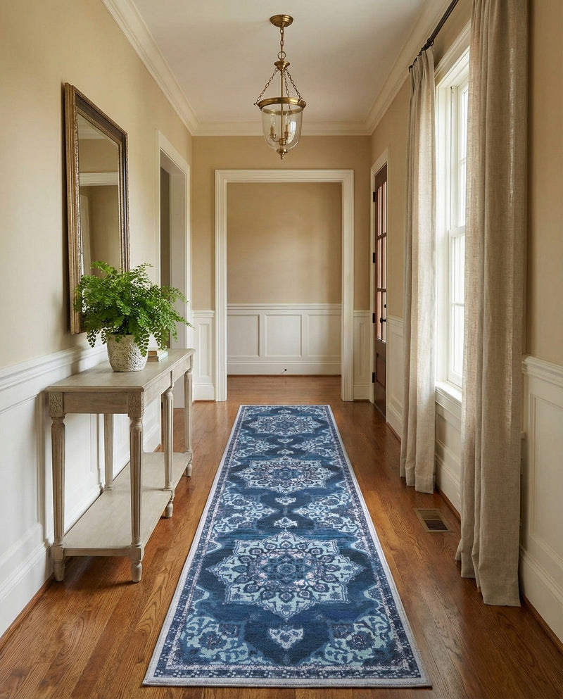 Baroque Era Collection Area Rug - Versailles (Navy Blue) Runner Navy Blue  lifestyle 31