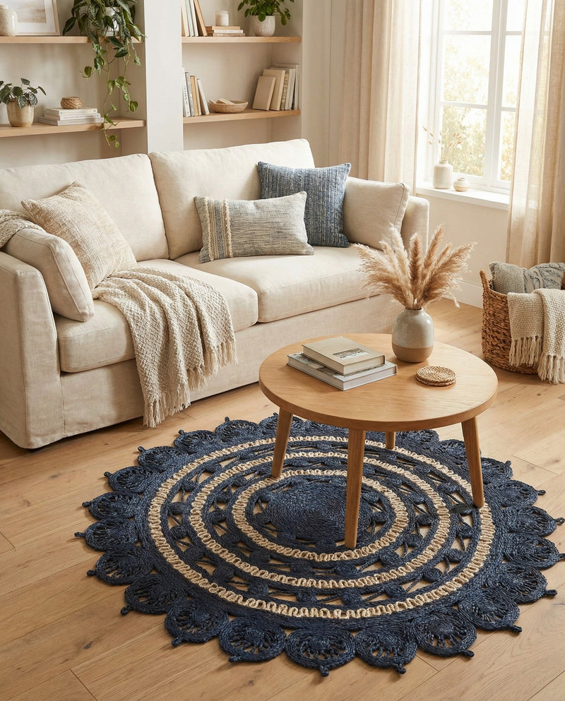 Woven Seaside Jute Collection Area Rug - Coastalhaven (Navy Blue and White) Round Navy Blue and White  lifestyle 9