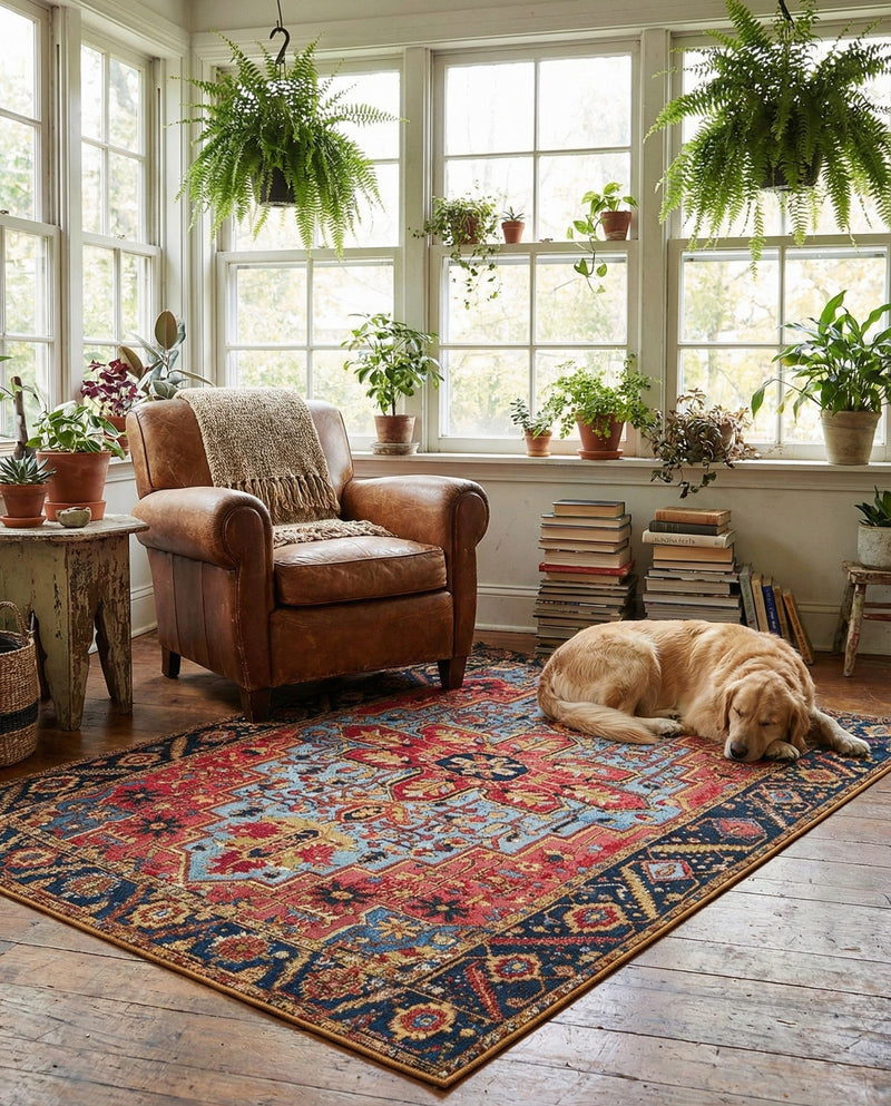 Patio Heritage Collection Area Rug -  Garden Rectangle Rust Red and Blue  lifestyle 32