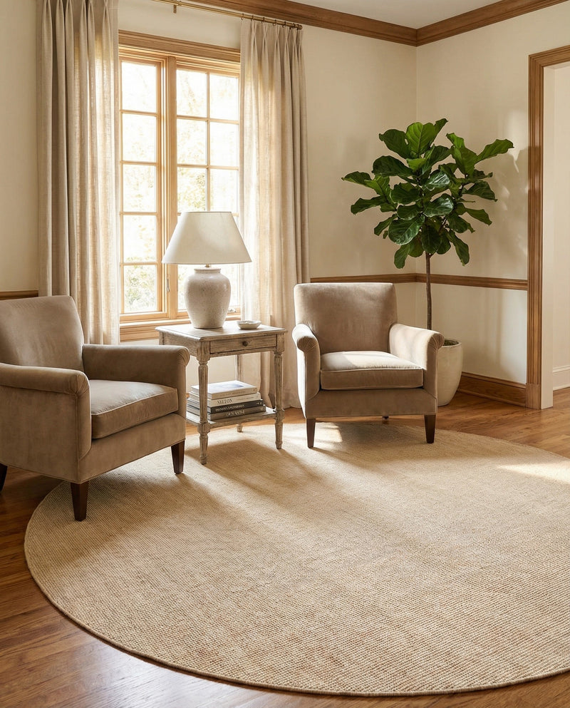 Berkshire Estate Collection Area Rug - Windsor (Oat Beige) Round Oat Beige  lifestyle 39