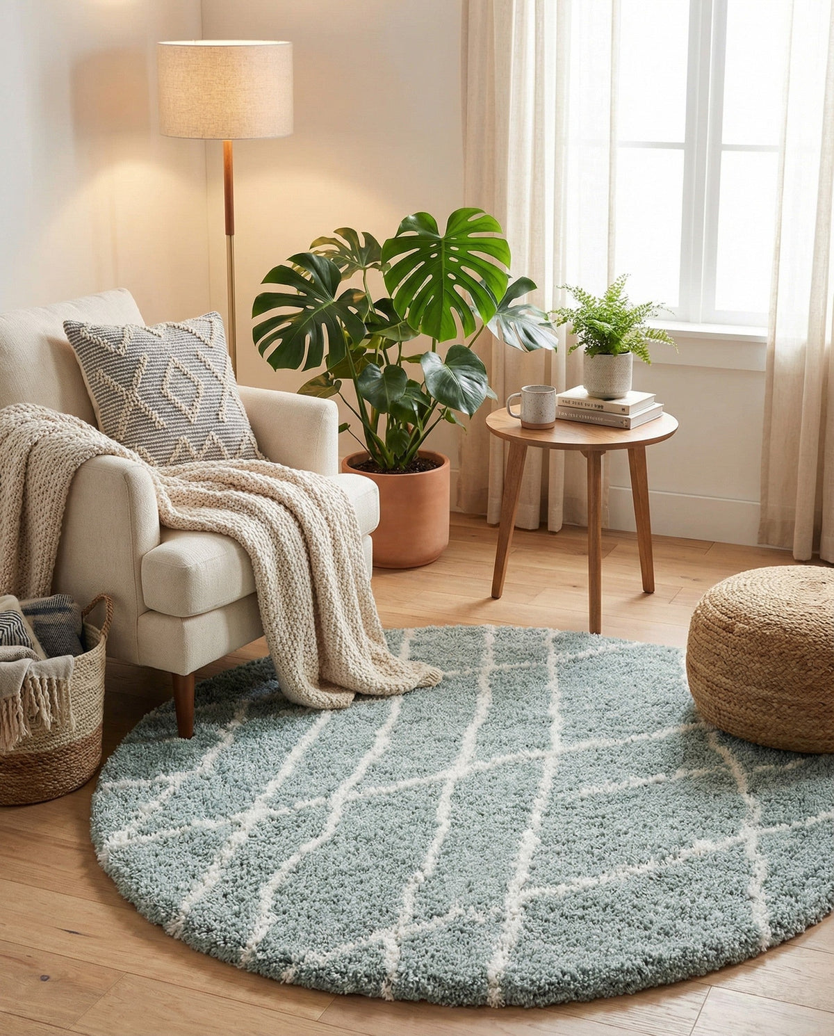 Cozy Haven Shag Collection Area Rug - Serenity (Sage Green) Round Sage Green  lifestyle 25