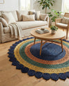 Woven Seaside Jute Collection Area Rug - Coastalhaven (Navy Blue Yellow Green) Round Navy Blue Yellow Green  lifestyle 27
