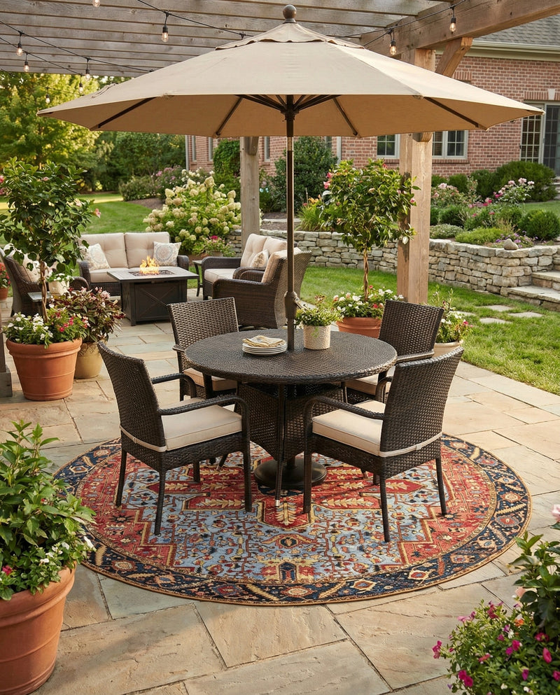 Patio Heritage Collection Area Rug -  Garden Round Rust Red and Blue  lifestyle 70