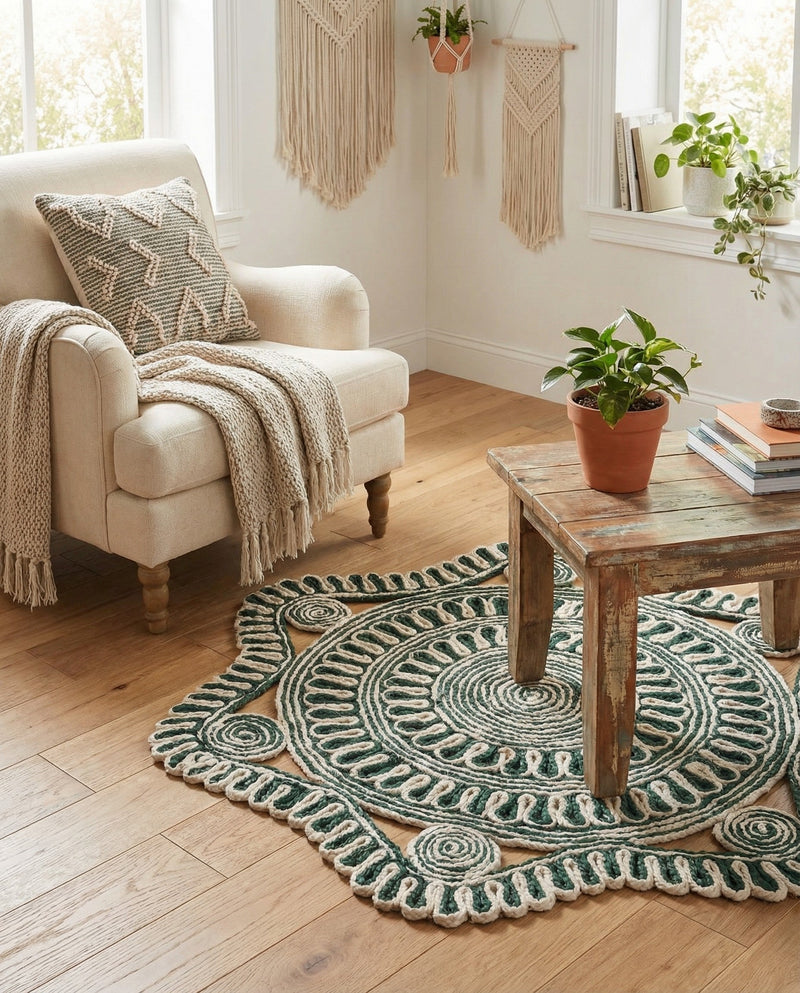 Woven Seaside Jute Collection Area Rug - Nantucket Round Green and White  lifestyle 15
