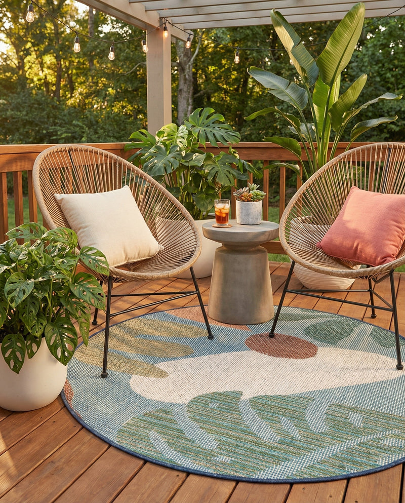 Coastal Terrace Collection Area Rug -  Boardwalk Round Blue  lifestyle 56