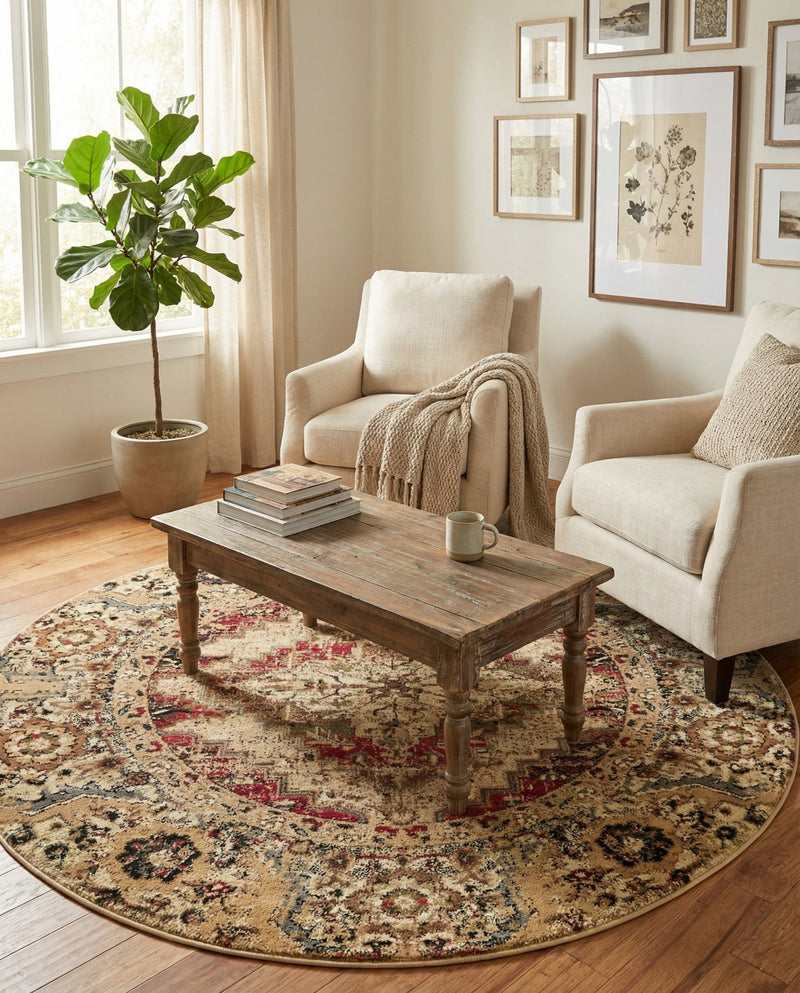 Neptune Elegance Collection Area Rug -  Naiad Round Burgundy Beige  lifestyle 47