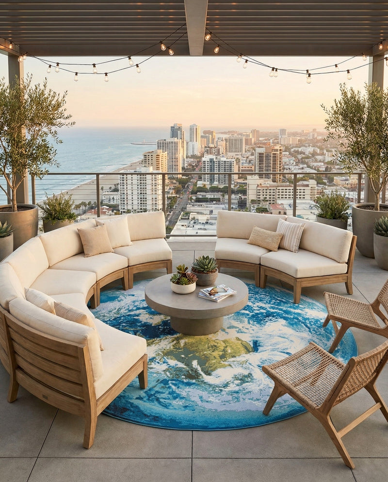 Urban Terrace Collection Area Rug -  Pergola Round Blue  lifestyle 42