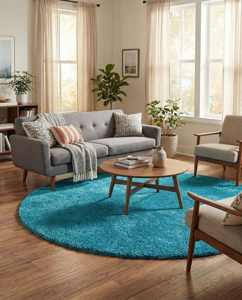 Solid Shag Seaside Collection Area Rug - Azure Cove (Turquoise) Round Turquoise  lifestyle 21