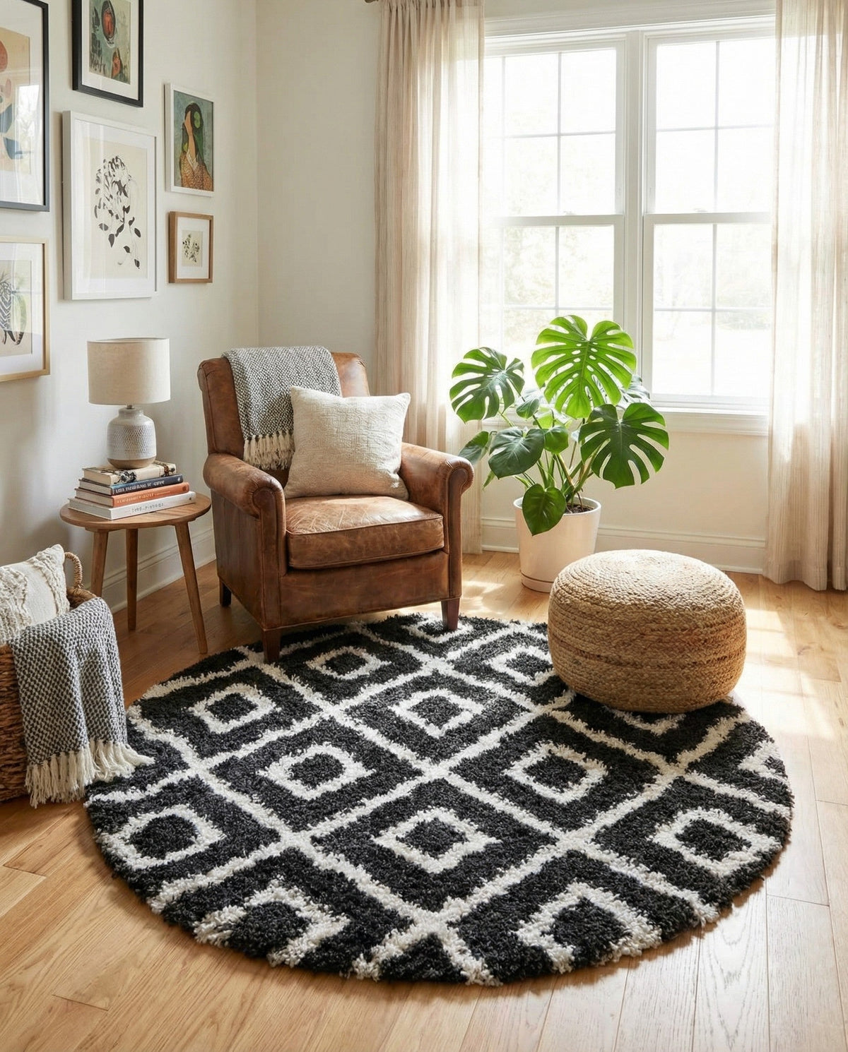 Cozy Cove Shag Collection Area Rug -  Dunes Round Black and White  lifestyle 94
