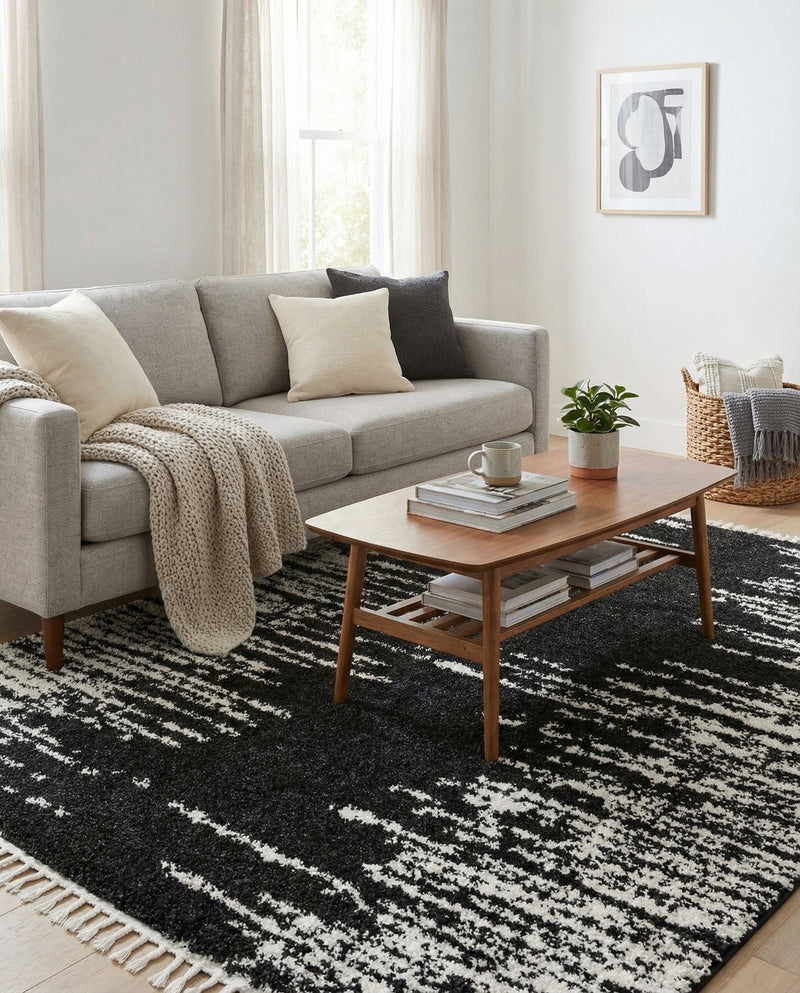 Tranquil Tides Shag Collection Area Rug - Marina Rectangle Black and White  lifestyle 16