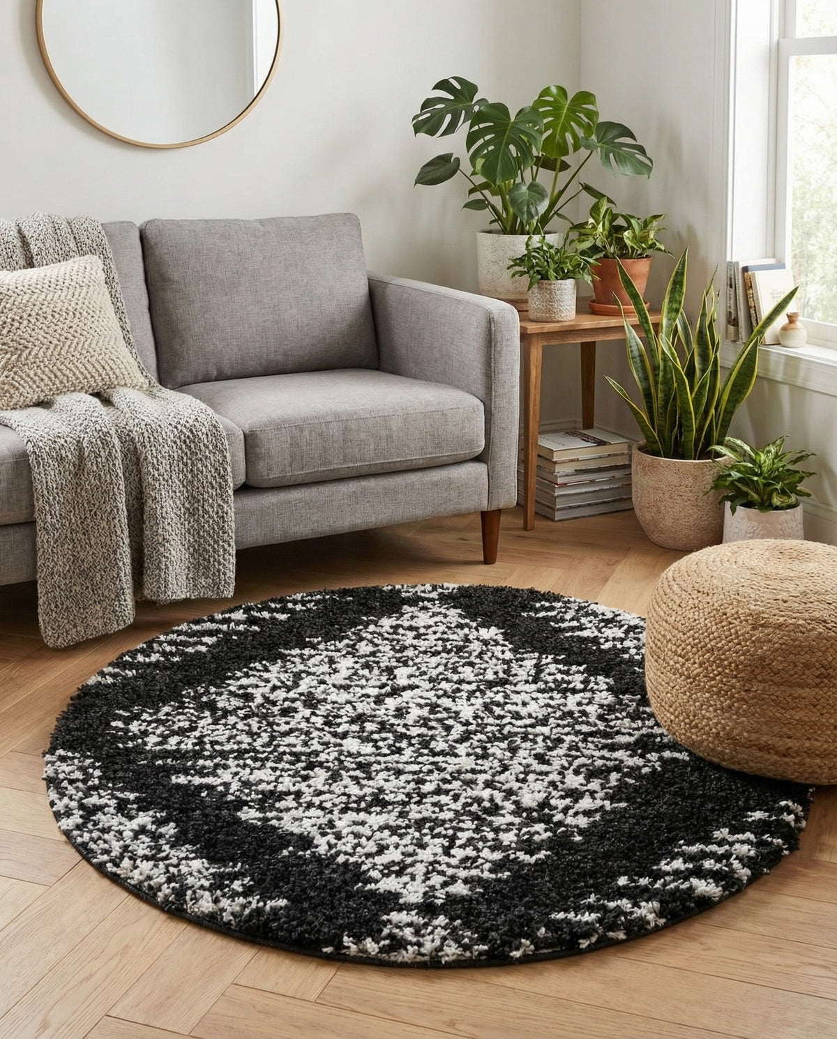 Tranquil Tides Shag Collection Area Rug -  Azure Round Black and White  lifestyle 91