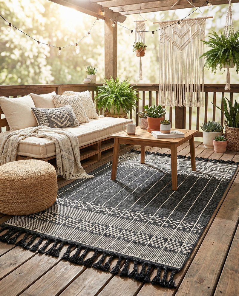 Sustainable Nomad Terrace Collection Area Rug - Reef Rectangle Charcoal Black  lifestyle 54