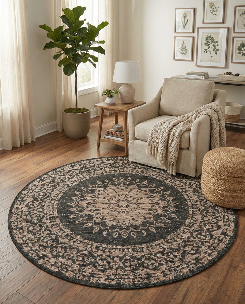 Patio Heritage Collection Area Rug -  Lafayette (Black) Round Black  lifestyle 67