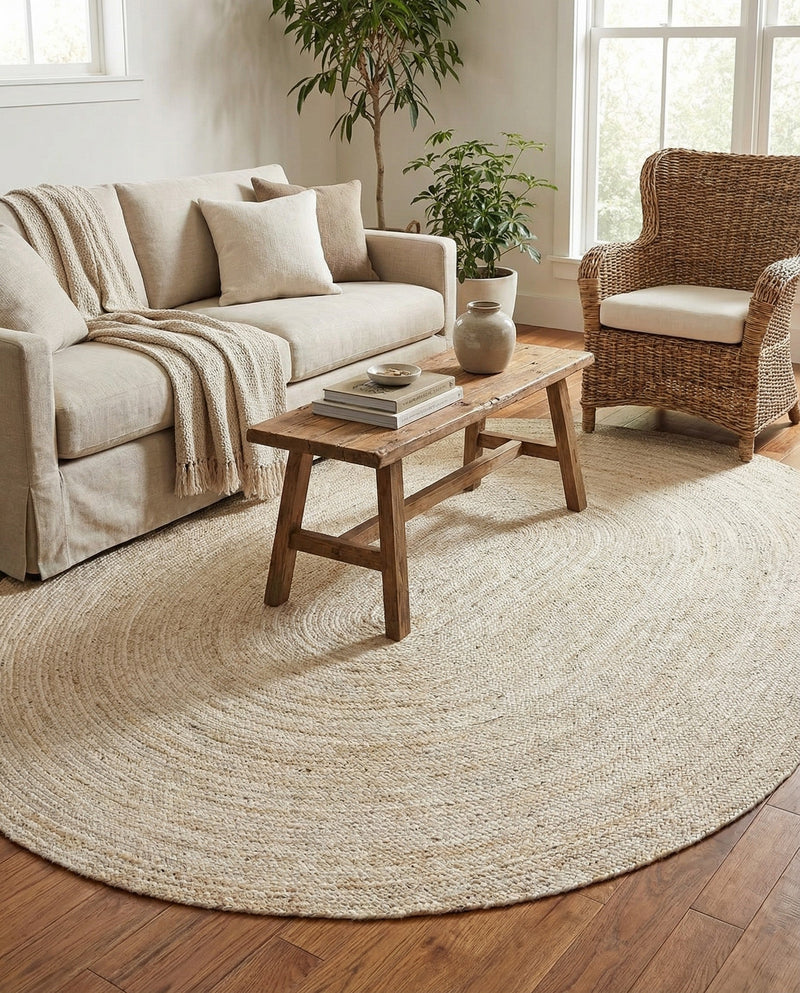 Woven Seaside Jute Collection Area Rug - Savannah (White) Oval White  lifestyle 47