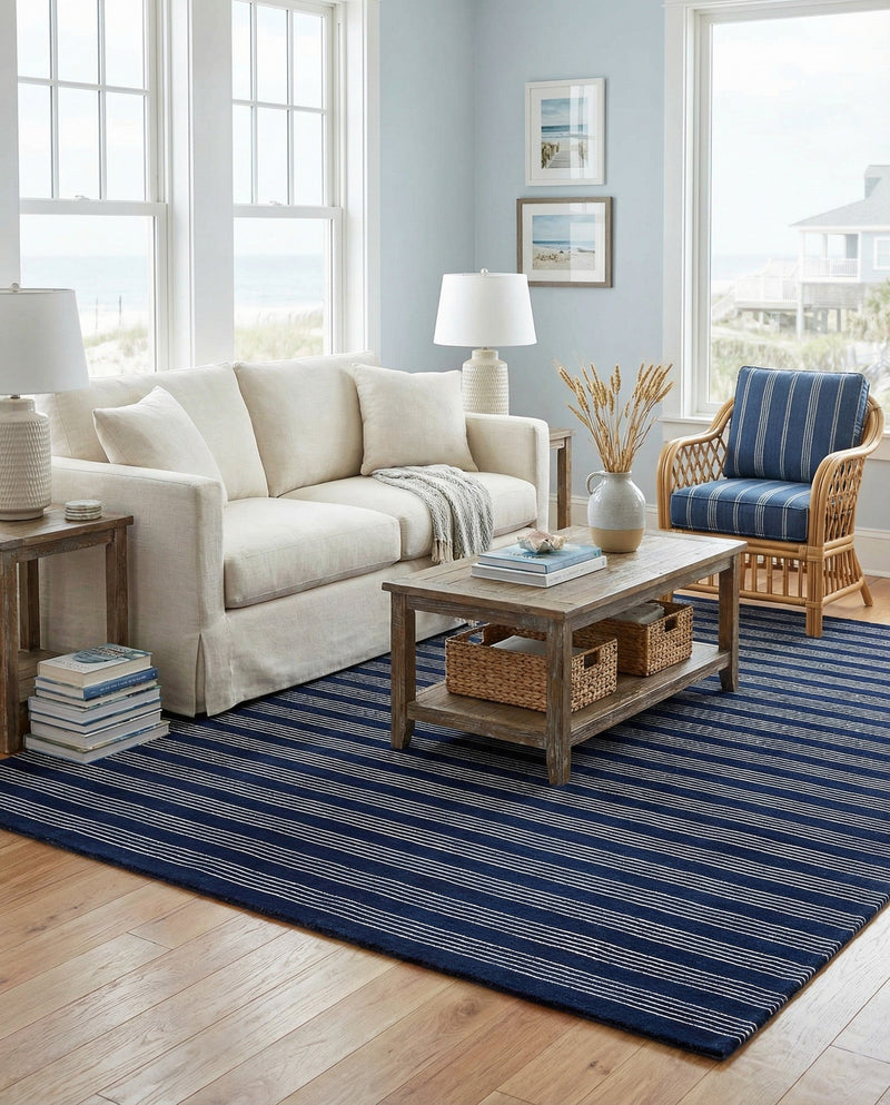 Hampton Stripes Wool Collection Area Rug - Montauk Rectangle Cobalt Blue  lifestyle 14