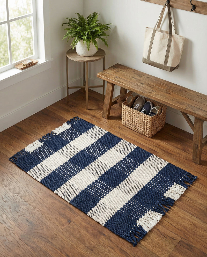 Sustainable Grid Indoor-Outdoor Oasis Collection Area Rug - Savannah Rectangle Navy Blue  lifestyle 36