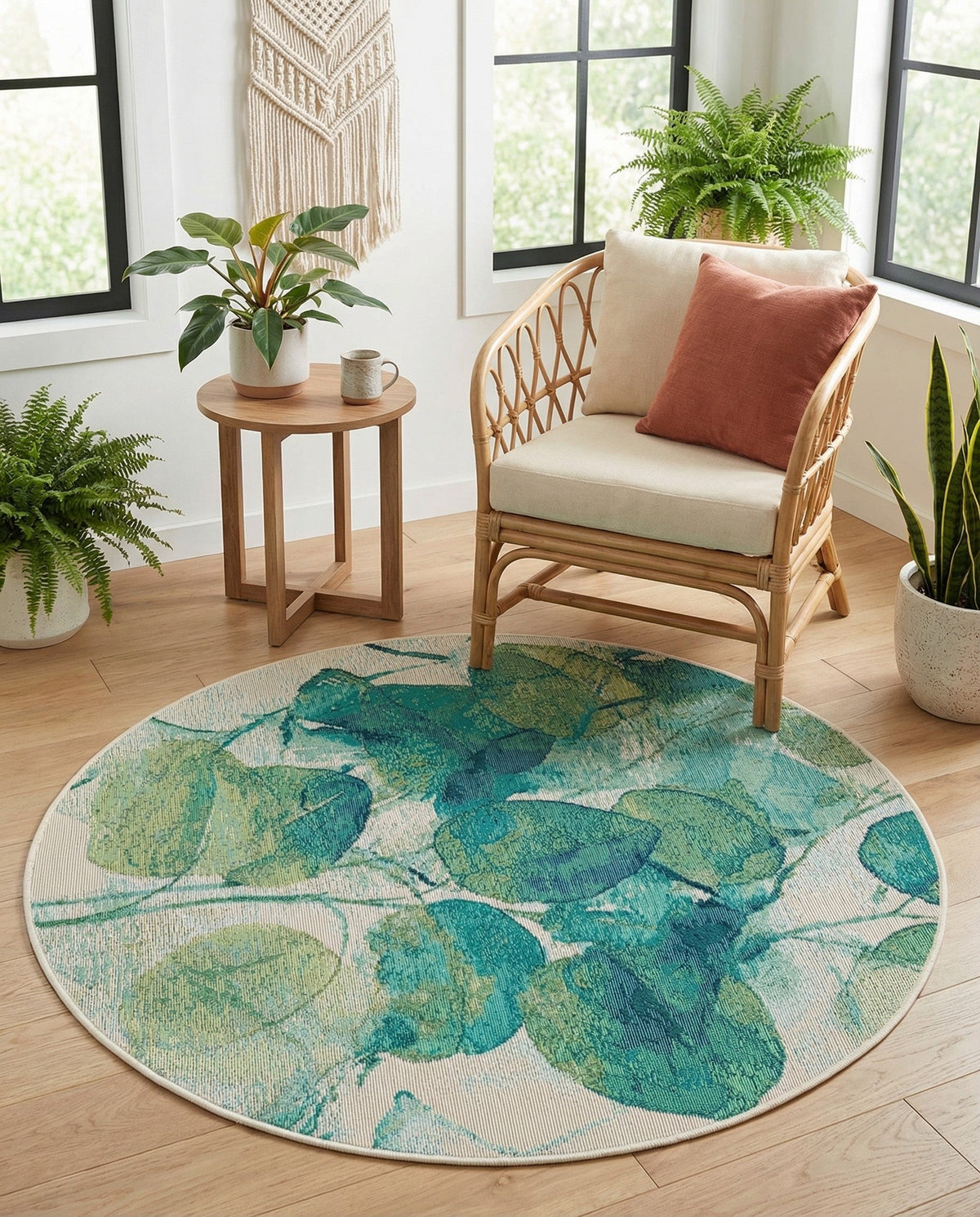 Seaside Blooms Collection Area Rug -  Flora Round Blue Green  lifestyle 93
