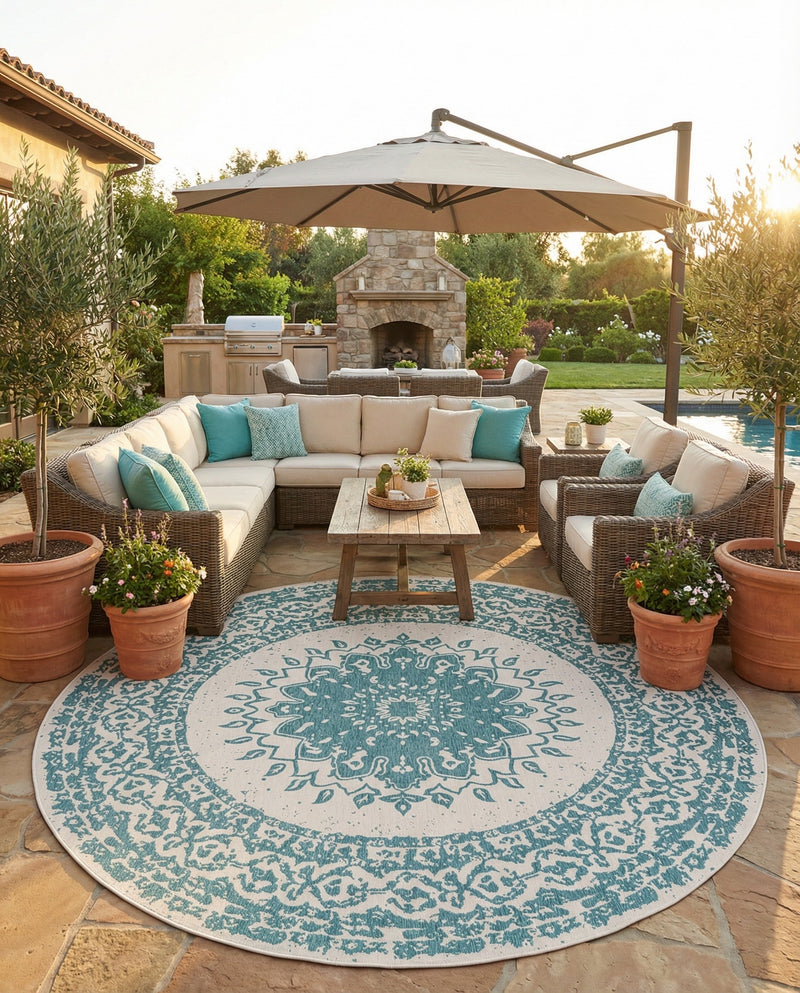 Patio Heritage Collection Area Rug -  Lafayette (Aqua) Round Aqua  lifestyle 16