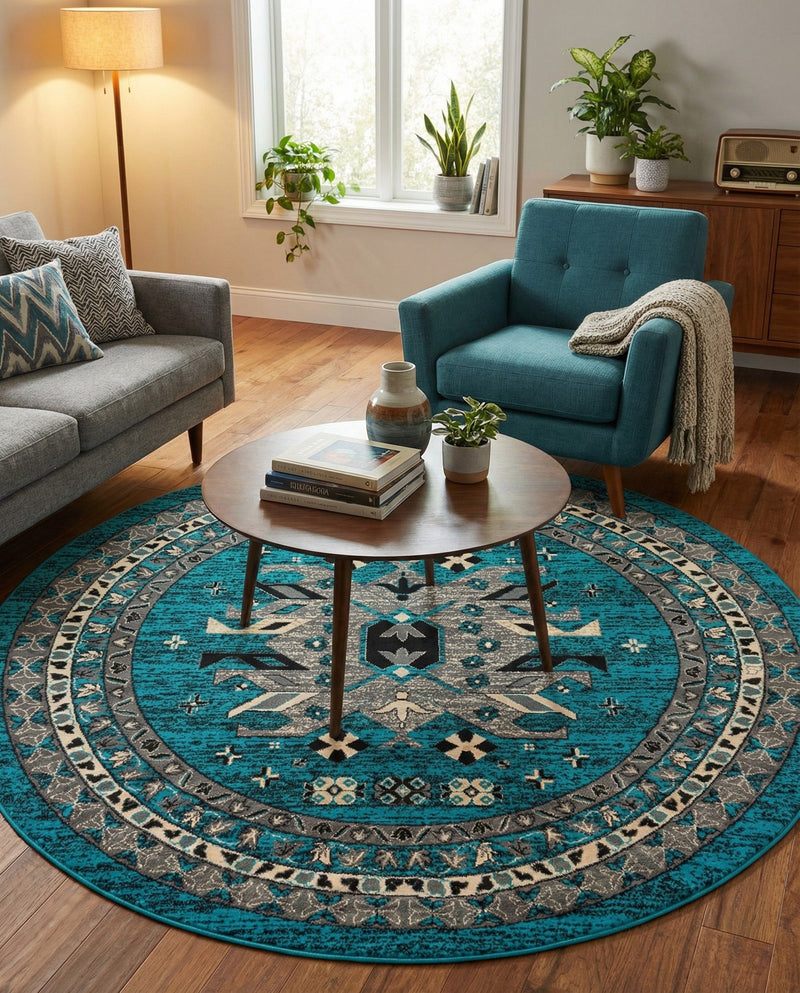 Tabriz Tapestries Collection Area Rug - Azerbaijan (Turquoise) Round Turquoise  lifestyle 45