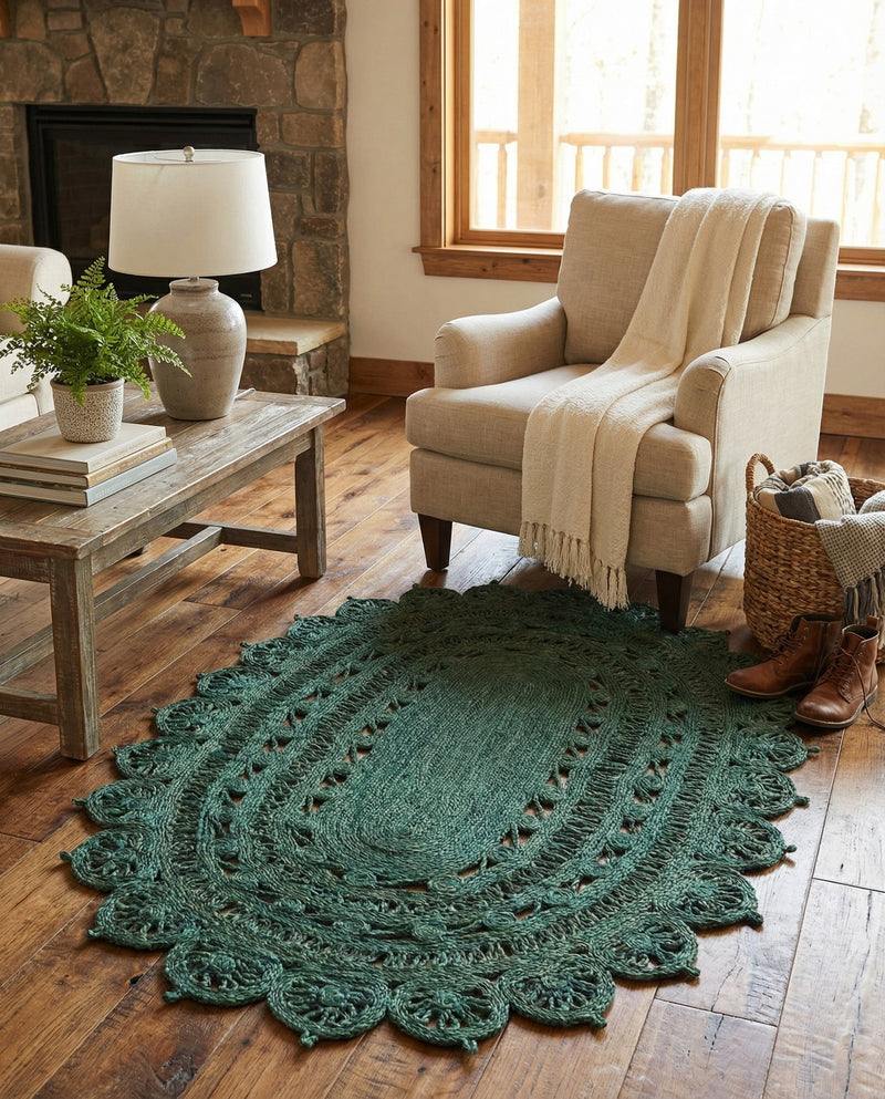 Woven Seaside Jute Collection Area Rug - Coastalhaven (Hunter Green) Oval Hunter Green  lifestyle 9