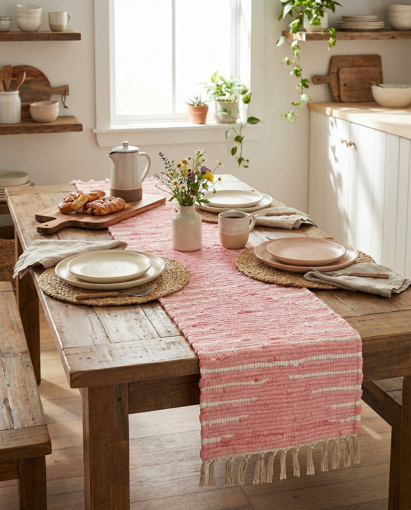 Thar Cotton Collection Area Rug - Jaisalmer (Rose) Table Runner Rose  lifestyle 72