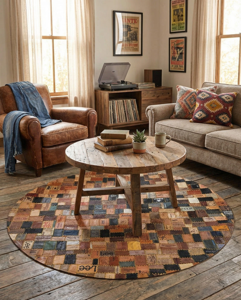 Havana Hide Patchwork Collection Area Rug - Cienfuegos Round Black and Brown  lifestyle 6