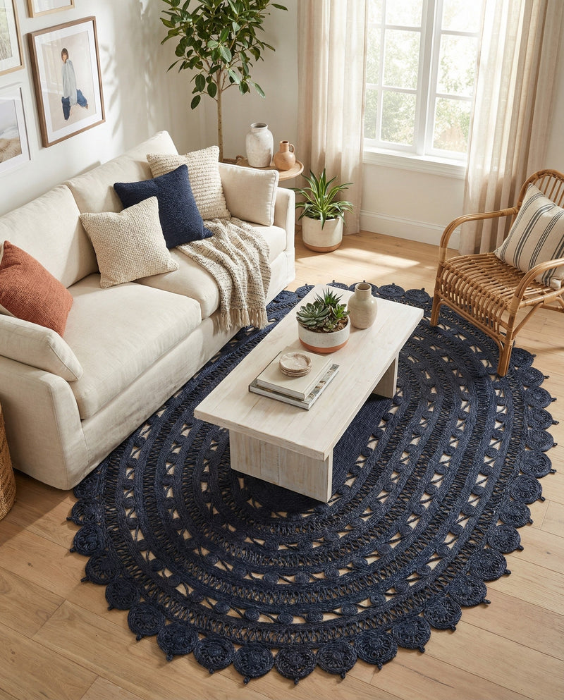 Woven Seaside Jute Collection Area Rug - Coastalhaven (Navy Blue) Oval Navy Blue  lifestyle 34