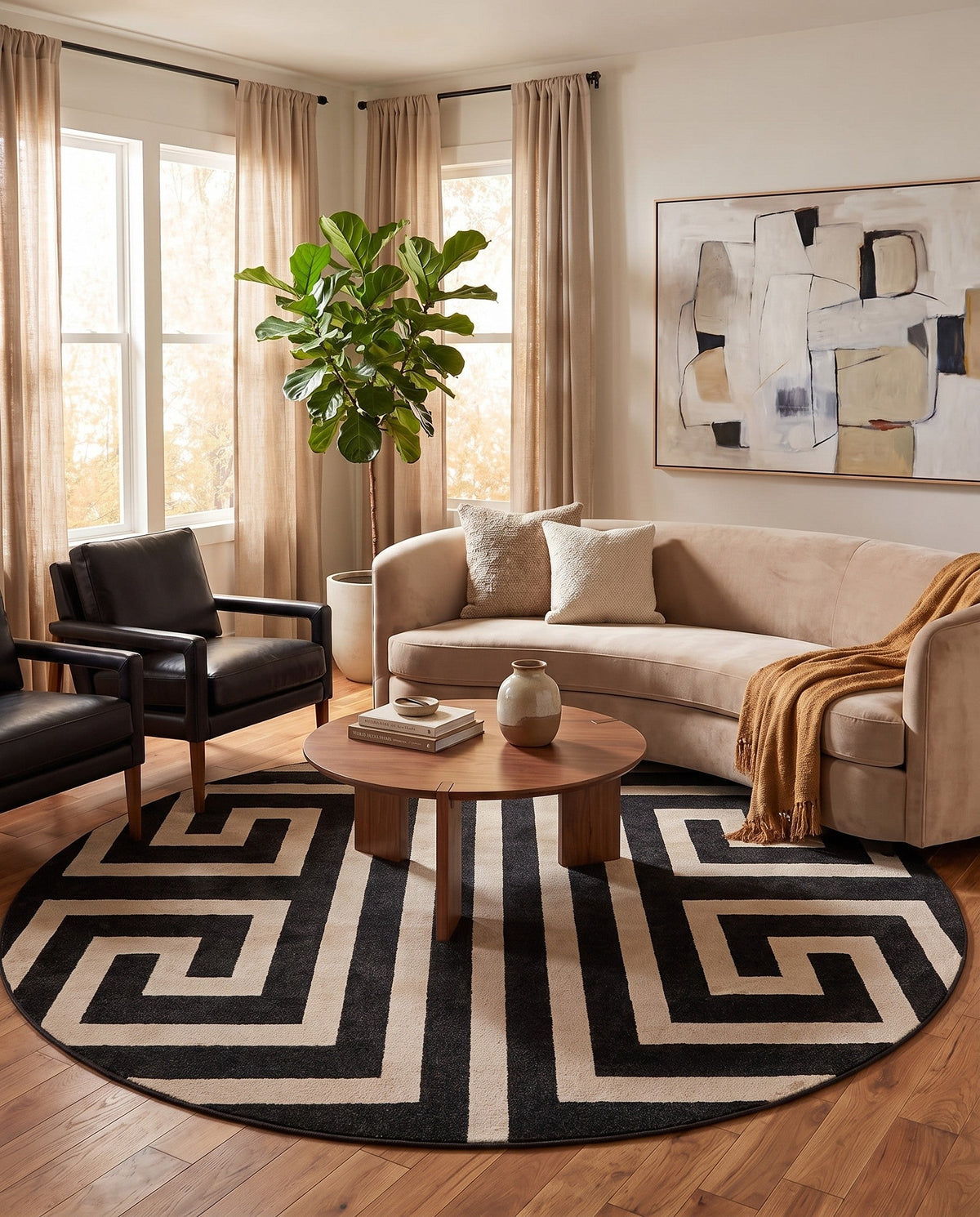 Aegean Labyrinth Collection Area Rug -  Mykonos Round Black  lifestyle 128