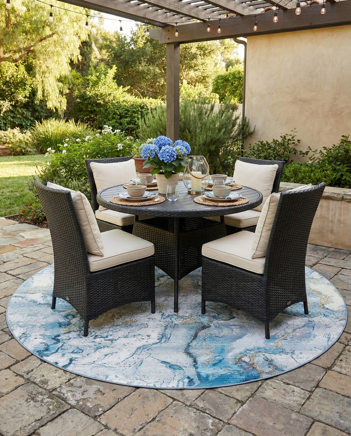 Urban Terrace Collection Area Rug -  Vertex Round Blue and Ivory  lifestyle 92