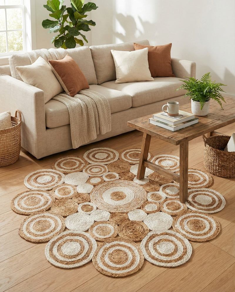 Woven Seaside Jute Collection Area Rug - Sienna Round Natural and White  lifestyle 76