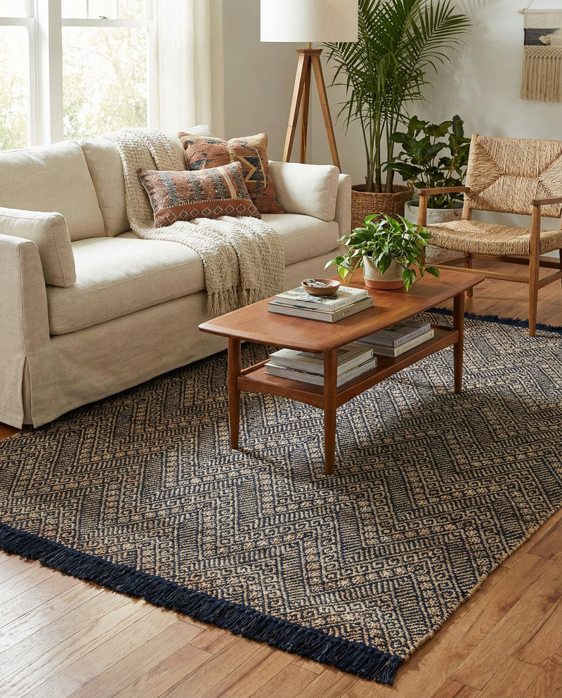 Woven Seaside Jute Collection Area Rug - Oia Rectangle Navy Blue and White  lifestyle 10