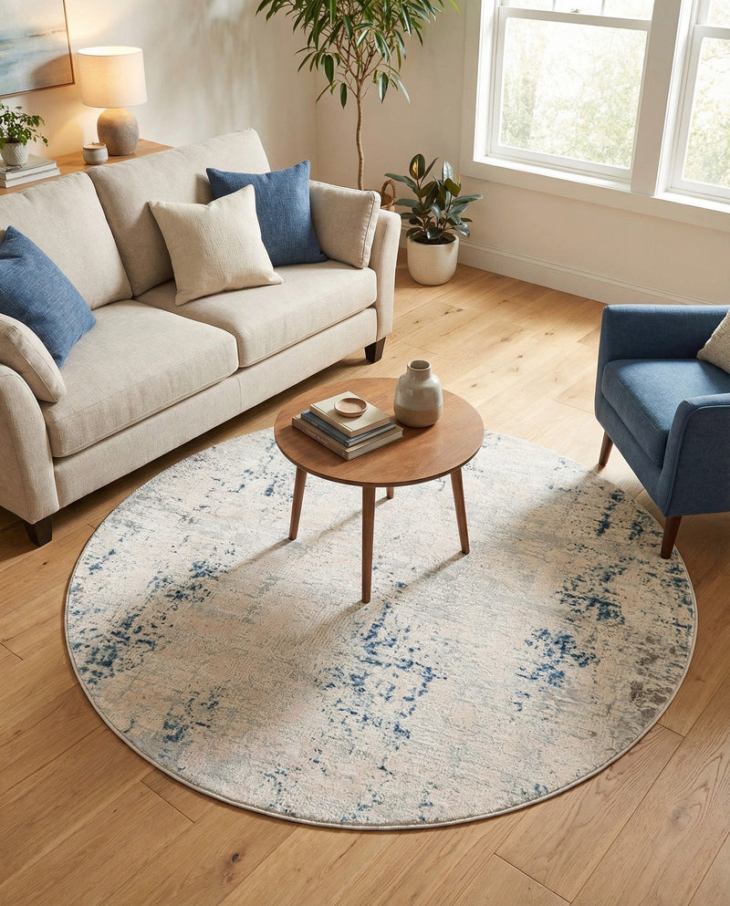Aegean Elegance Collection Area Rug -  Milos Round Gray Blue  lifestyle 63