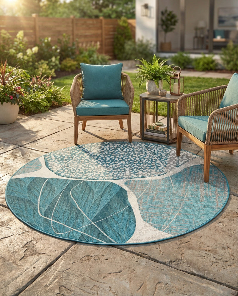 Urban Terrace Collection Area Rug -  Courtyard Round Blue and Ivory  lifestyle 51