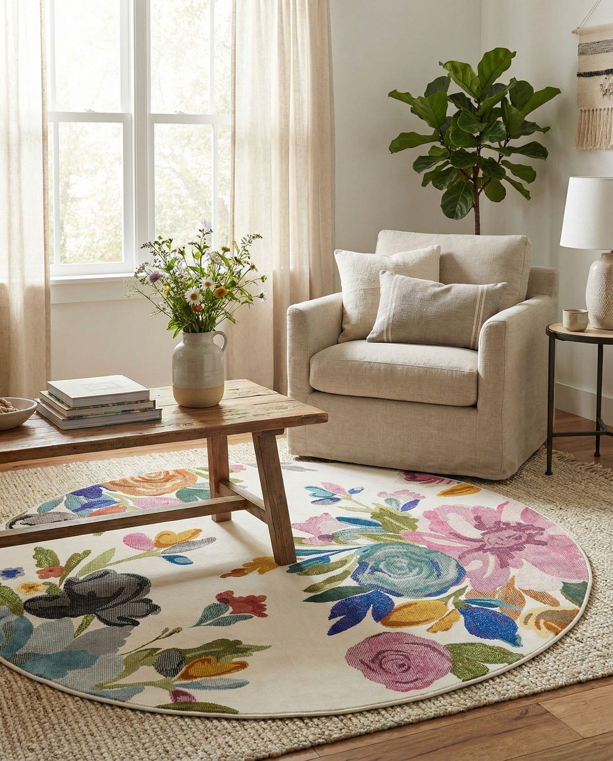 Meadow Breeze Collection Area Rug - Wildflower Round Ivory  lifestyle 64