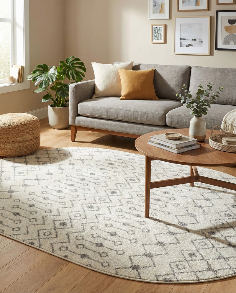Mediterranean Lattice Collection Area Rug - Santorini (Ivory and Gray) Oval Ivory and Gray  lifestyle 26