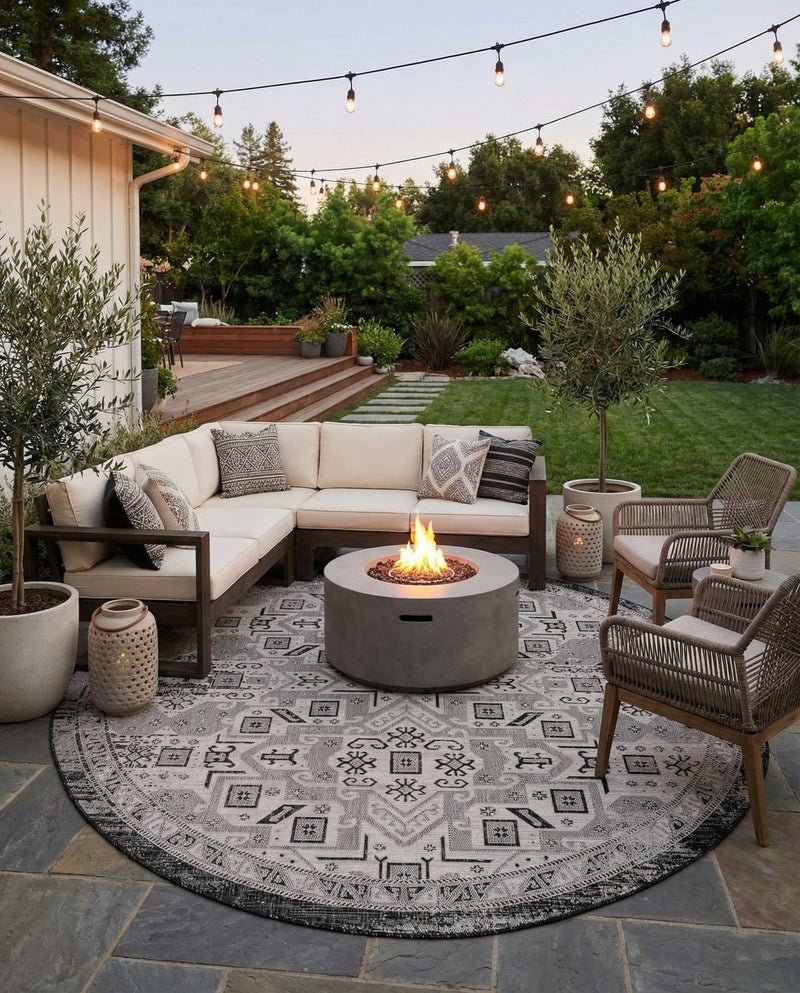 Tribal Terrace Treasures Collection Area Rug - Mayan Marina (Charcoal Gray) Round Charcoal Gray  lifestyle 50