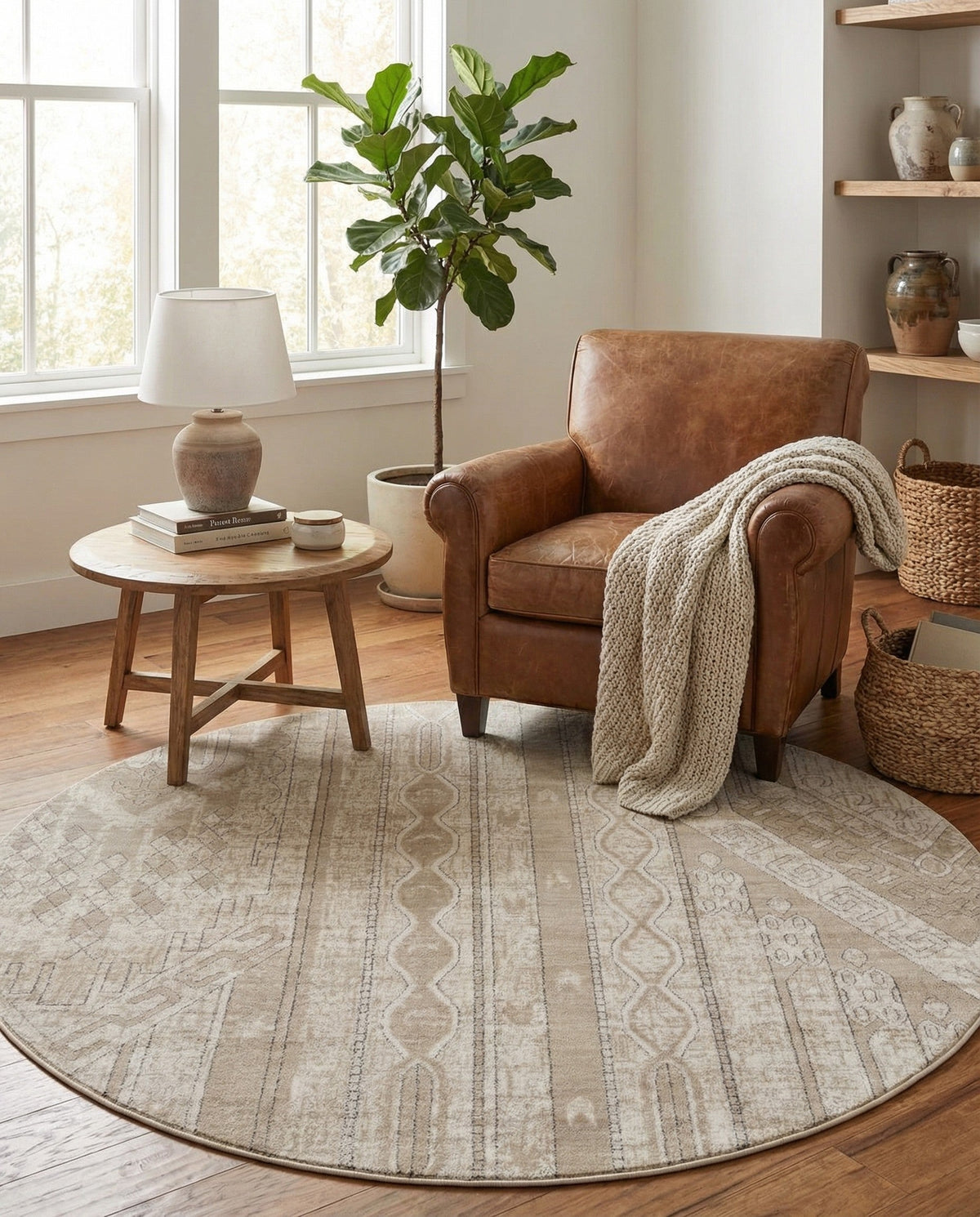 Cascade Range Collection Area Rug - Hood (Ivory) Round Ivory  lifestyle 94