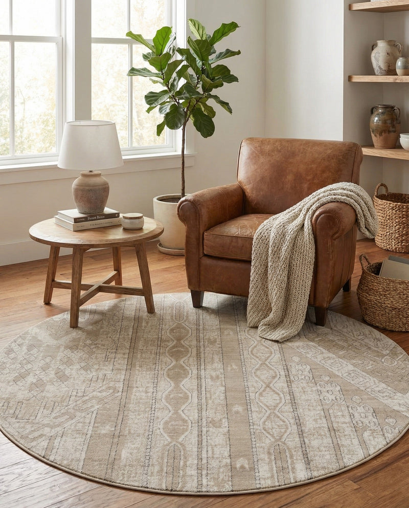 Cascade Range Collection Area Rug - Hood (Ivory) Round Ivory  lifestyle 94