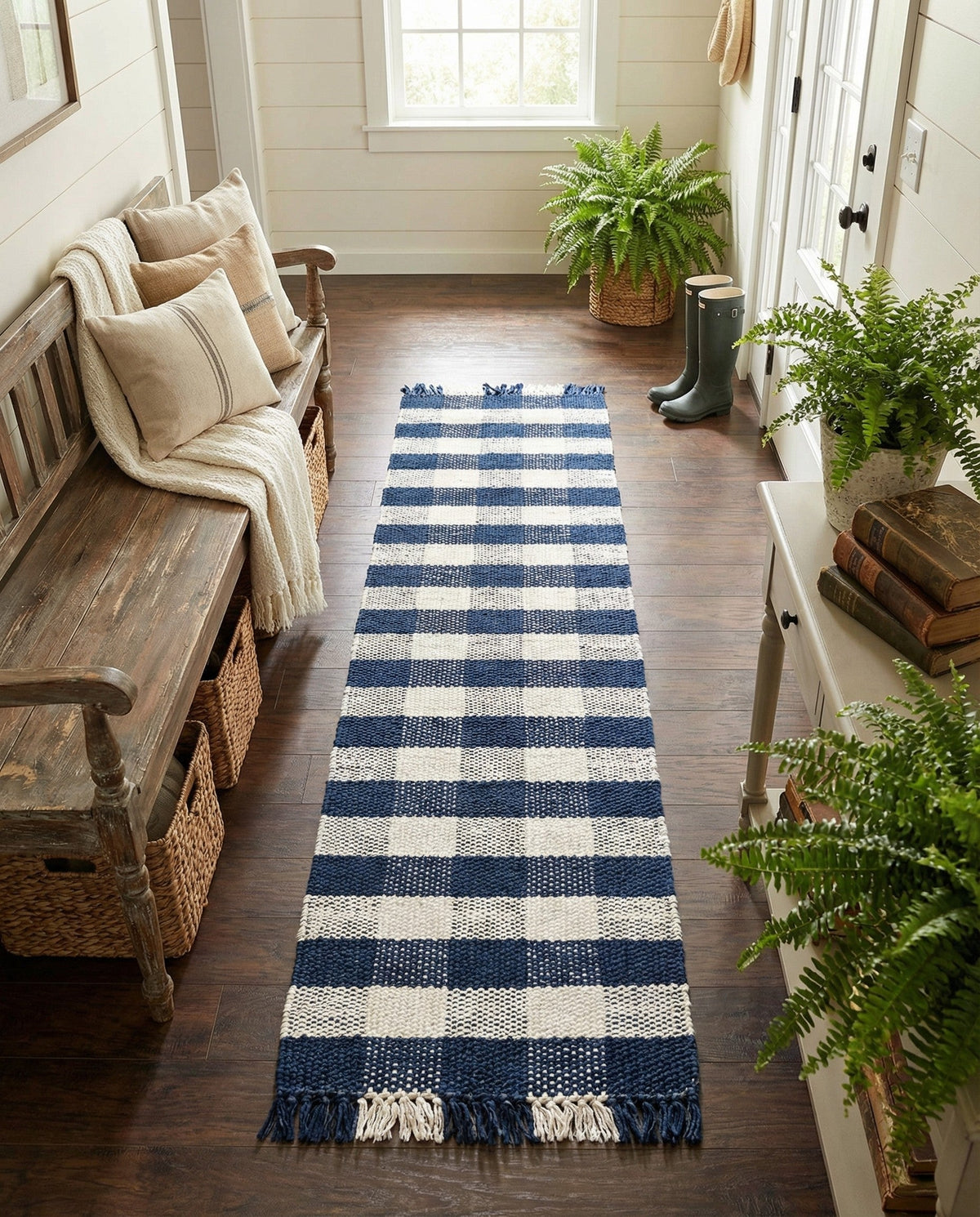 Sustainable Grid Indoor-Outdoor Oasis Collection Area Rug - Savannah Runner Navy Blue  lifestyle 202