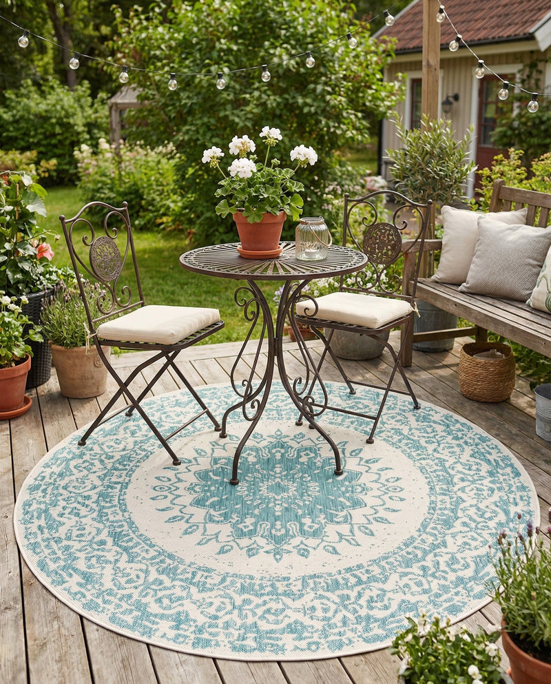 Patio Heritage Collection Area Rug -  Lafayette (Aqua) Round Aqua  lifestyle 67